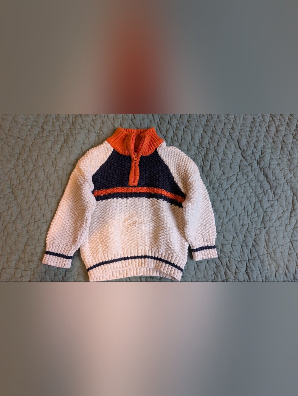 Janie and Jack Cream Knit Sweater with Navy and Orange Accents 12-18 Mo